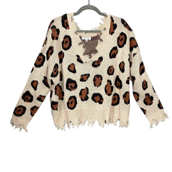 Miracle Oversized Distressed Sweater Cream w/ Brown & Black Leopard Print - Picture 1 of 7